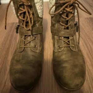 JustFab Brown Ankle Boots with Cream Accents